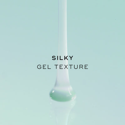 Silky gel texture. The animation shows a thick, translucent teal gel pouring down into a smooth pool.