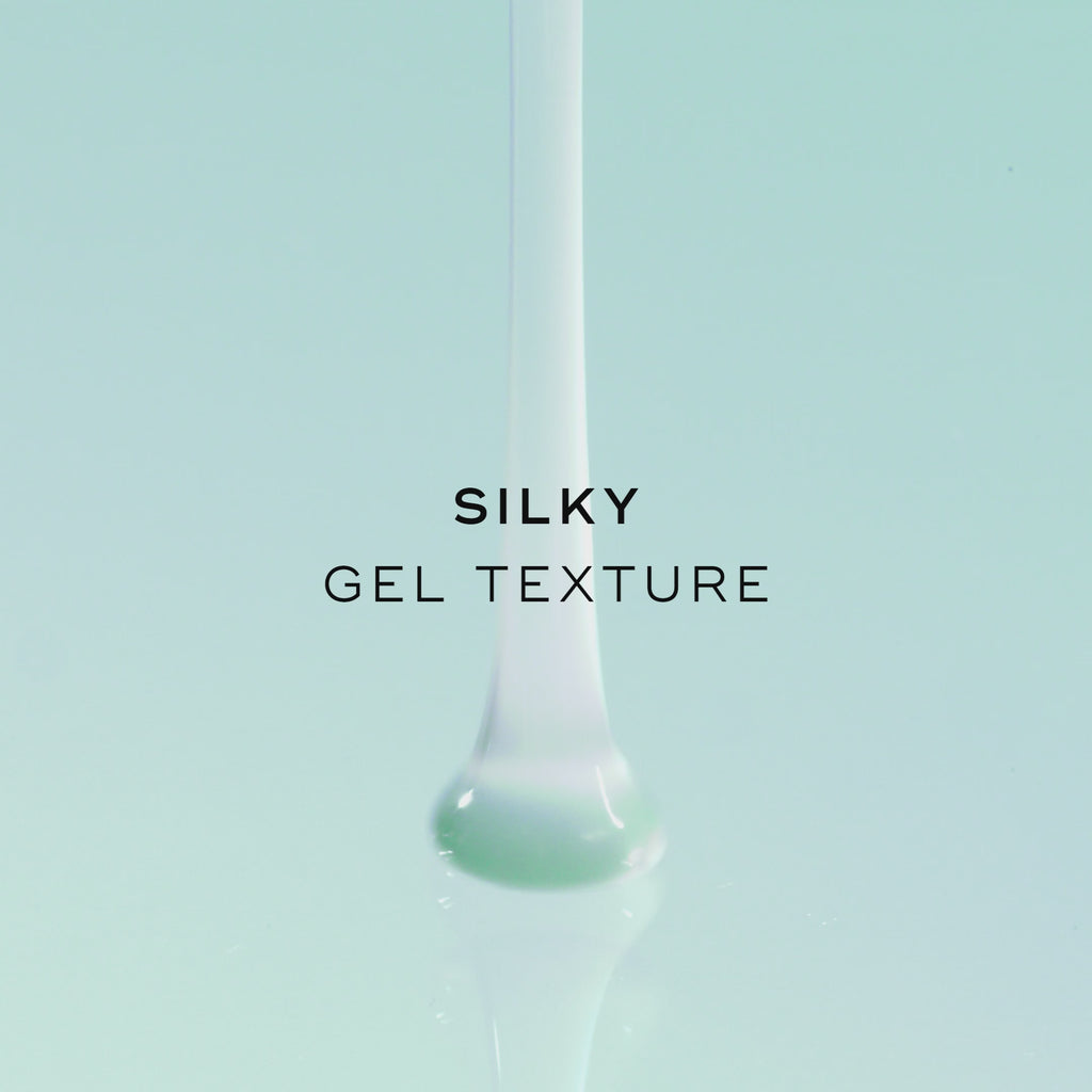 Silky gel texture. The animation shows a thick, translucent teal gel pouring down into a smooth pool.