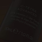 A video for Medik8 C-Tetra Advanced opens with a close-up of the bottle's label, then shows a woman applying the product to her cheek. A split-screen before-and-after image of a woman's cheek demonstrates how the product can "VISIBLY BRIGHTEN SKIN & REDUCE WRINKLES" after 4 weeks. The video then highlights key ingredients: "20% VITAMIN C" and "PHYTO EXOSOMES" with "0% DISRUPTION TO SKIN BARRIER*". It concludes with a shot of the product alongside the Medik8 logo and a "Certified B Corporation" badge.
