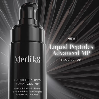 Medik8 Liquid Peptides Advanced MP serum bottle stands against a dark, radial-patterned background. The video transitions to show a close-up of the serum being applied to a participant's cheek. Before and after images highlight clinically proven results in 10 minutes and 8 weeks, showing a visible reduction in expression lines and deep-set wrinkles. A graphic illustration of the  Dual MiniProtein  technology shows growth factors penetrating skin cells to visibly plump and firm. The video concludes with the 