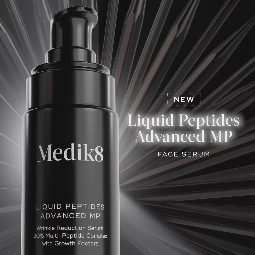Medik8 Liquid Peptides Advanced MP serum bottle stands against a dark, radial-patterned background. The video transitions to show a close-up of the serum being applied to a participant's cheek. Before and after images highlight clinically proven results in 10 minutes and 8 weeks, showing a visible reduction in expression lines and deep-set wrinkles. A graphic illustration of the  Dual MiniProtein  technology shows growth factors penetrating skin cells to visibly plump and firm. The video concludes with the 
